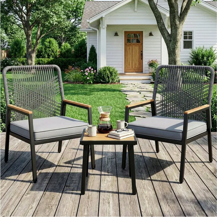 TLGREEN Gartenstuhl Eisen-Rattan Gartensessel,verbreiterter Sitz, (Balkonstühle Metall und Rattan, mit 8 cm dicken Sitzkissen, 3 St), 160 kg Belastbar für Terrasse, Garten und Veranda