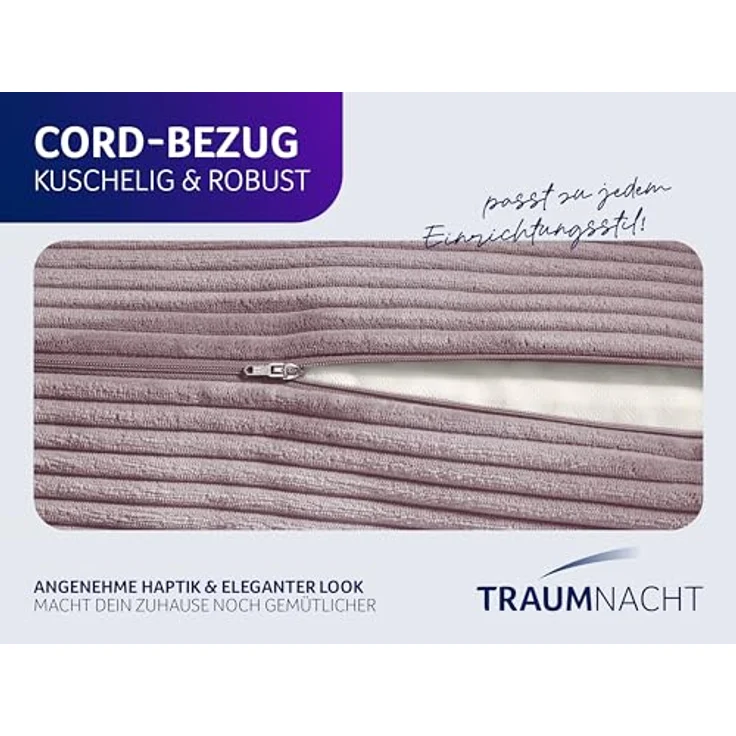 Traumnacht Cozy Rückenkissen, Lesekissen, 70x40 cm, rosa, Abnehmbarer,waschbarer Bezug aus gemütlichem Kord, praktisches Seitenfach, Öko-Tex Zertifiziert, produziert nach deutschem Qualitätsstandard – Bild 5