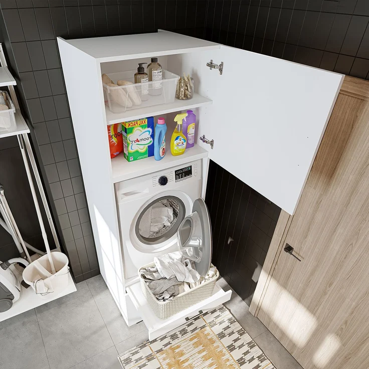 Roomart Waschmaschinenschrank 205 cm – Überbau, Ausziehbrett, Schublade | • Weiß – Bild 4