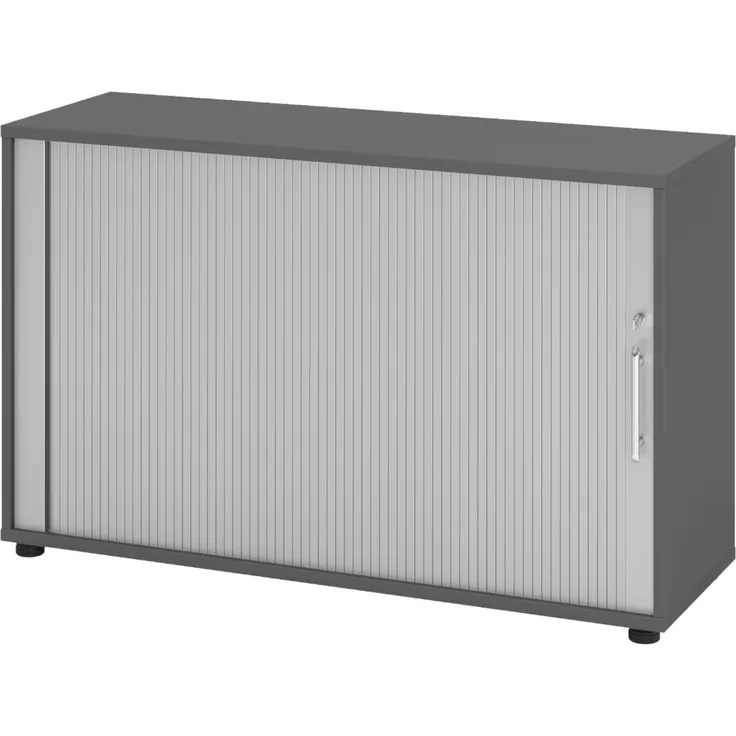 bümö Aktenschrank abschließbar mit Rollladen, Rollladenschrank für Ordner & Co. - Büroschrank mit Rollo, abschließbarer Ordnerschrank aus Holz in Graphit/Silber mit Relinggriff, 1732S-G-S-RE