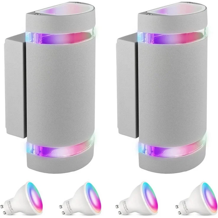 SSC-LUXon LED Außen-Wandleuchte Wandleuchte Up & Down Außen IP44 grau halbrund mit 2x Smart RGB Lampe, RGB & Weißtöne – Bild 1