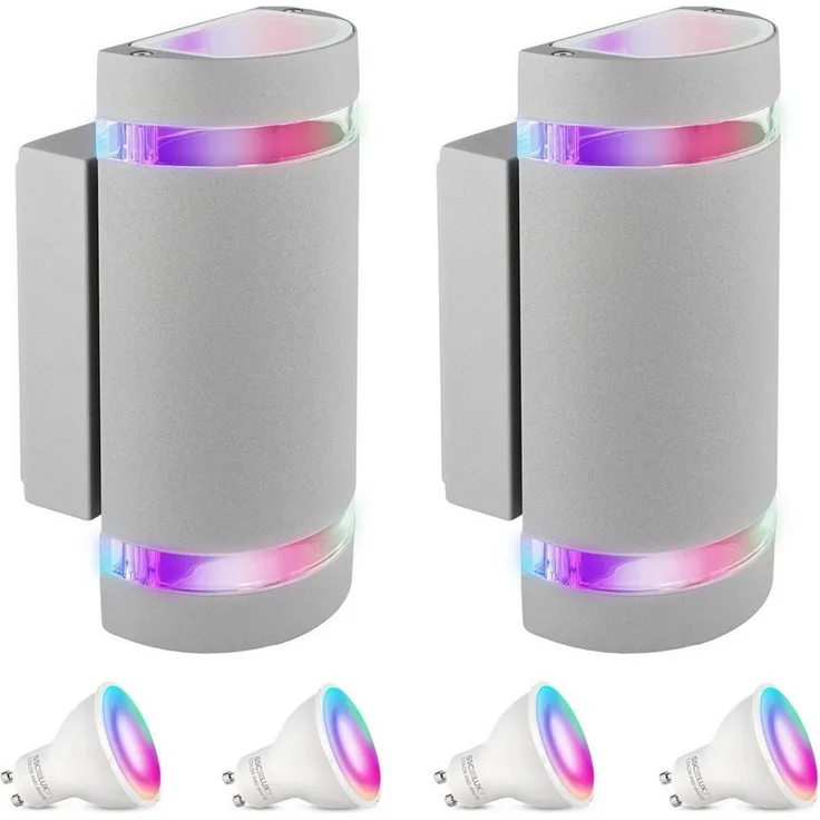 SSC-LUXon LED Außen-Wandleuchte Wandleuchte Up & Down Außen IP44 grau halbrund mit 2x Smart RGB Lampe, RGB & Weißtöne