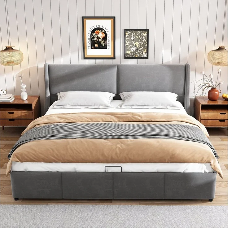 Odikalo Stauraumbett Polsterbett Doppelbett Funktionsbett Kopfteil Bett mit Bettkasten (140/160/180 Grau, Geeignet für Erwachsene und Jugendliche, aus hochwertigem Flanell) – Bild 3