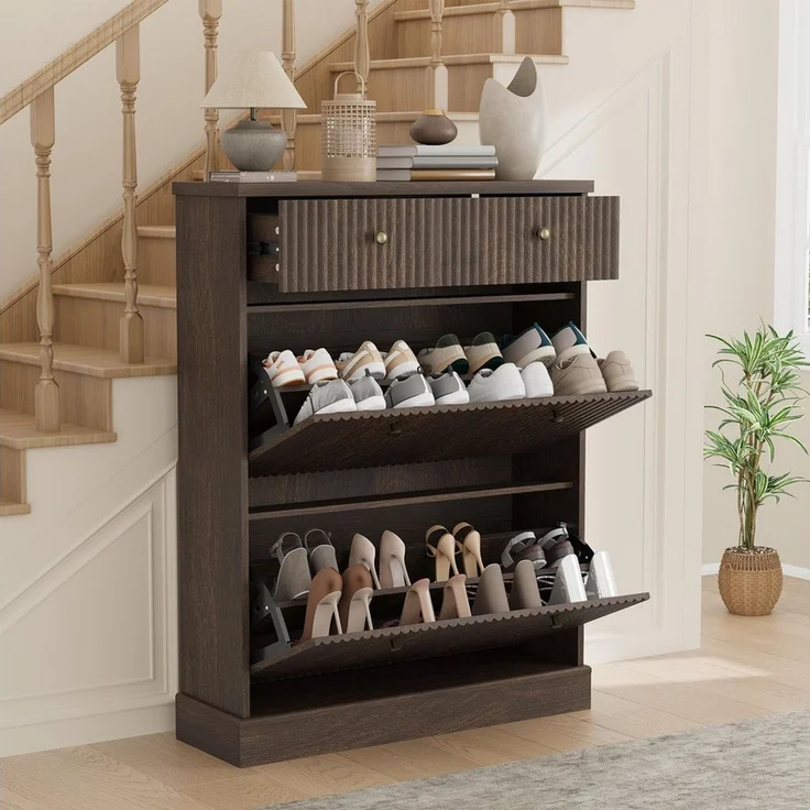GarveeMore Schuhschrank Moderner Rillenprofil mit 2 Klappschubladen und oberer Schublade (1-St) (B80/T25/H107 cm) Schuhregal für 12–16 Paar Schuhe, für Flur und Diele – Bild 1