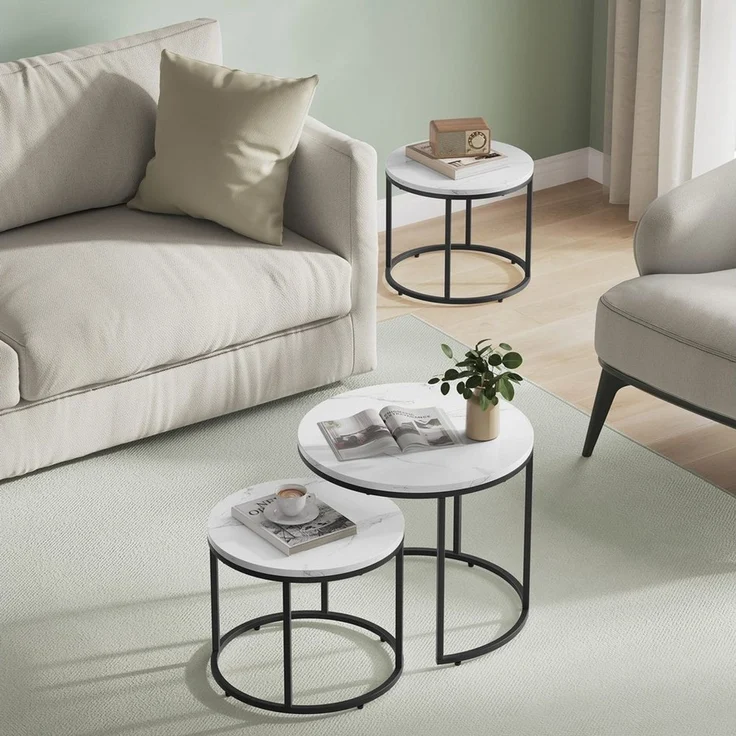 Home Collective Couchtisch 2er Set Beistelltisch Loft Design 2in1 Verschachtelung Wohnzimmer, kratzfeste Oberfläche 53cm und 43cm Marmor Optik mit schwarzen Beinen – Bild 2