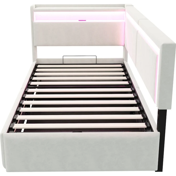 Polsterbett Schlafsofa 90x200 cm Mit LED-Beleuchtung und USB-Ladeanschlüssen. Kopfteil Lässt Sich Zum Verstauen öffnen. Hydraulisches Stauraumsystem unter Dem Bett, Samtstoff Beige – Bild 10