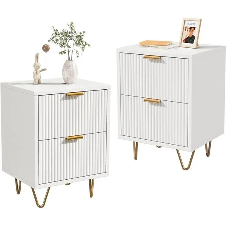 FUROKOY Nachttisch 2er set Nachtschrank mit Schubladen, Beistelltisch mit Metallbeine (Weiß Sofatisch Beistelltisch mit 2 Schubladen), Schubladenschrank für Schlafzimmer Flur Wohnzimmer, 40 x 40 x 55 cm – Bild 4