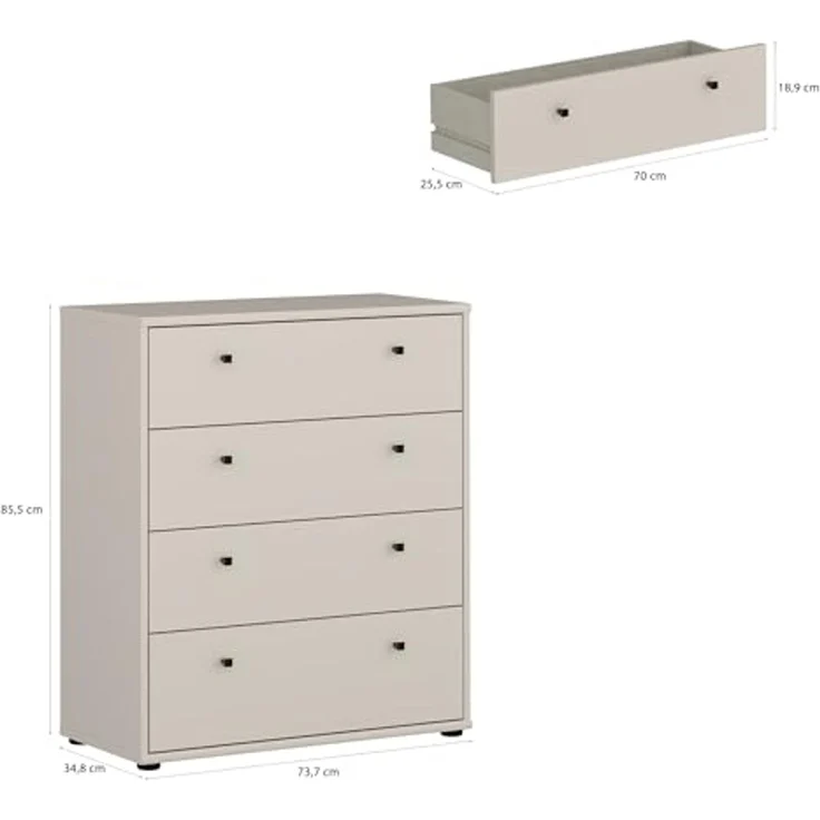 Forte TEMPRA 2 Kommode 70 80, Moderne Kommode mit 4 Schubladen, Schlafzimmer, Wohnzimmer, Büro, Holzwerkstoff, Kaschmir|Beige, 73,7 cm breit x 85,5 cm hoch x 34,8 cm tief – Bild 3