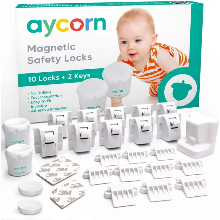 AYCORN Magnetisches Schrankschloss für Kinder und Babys - unsichtbare Kindersicherung für Schrank & Schublade - 10 Schlösser + 2 Schlüssel ohne Schrauben und Bohren - Einfache Montage BONUS Video – Bild 1