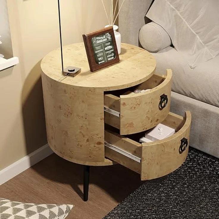 GarveeLife Sofa-Enden, runder Nachttisch mit Schubladen, Beistelltisch, Holz, 2 Schubladen, für Schlafzimmer, Wohnzimmer, 47 x 47 x 55 cm – Bild 3