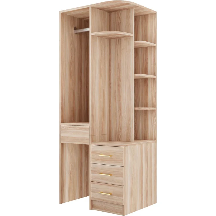 Kleiderschrank 70 x 55 x 175 cm in Weiß und Holzfarbe mit offener Kleiderstange und Schubladen – Bild 5