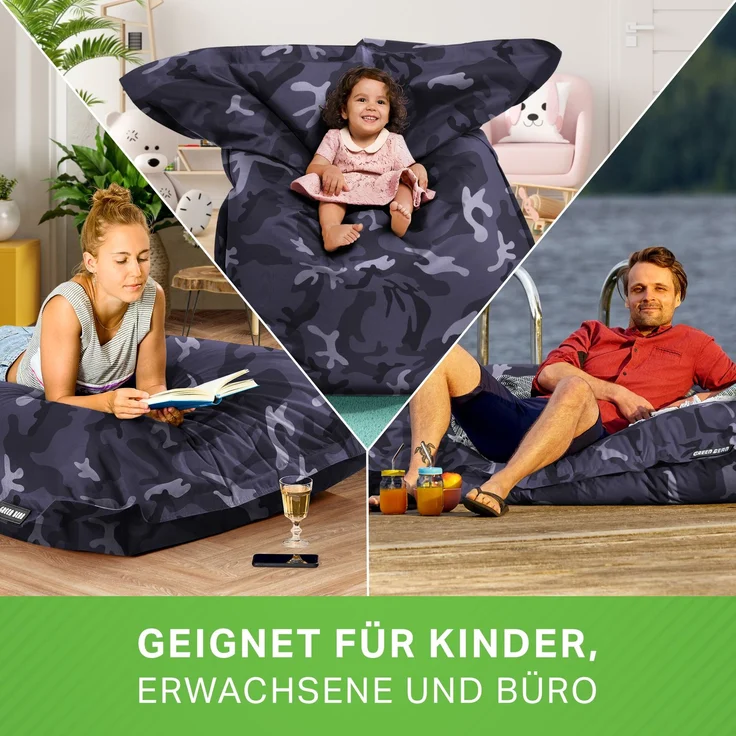 Green Bean® Sitzsack XXL 140x180cm 380 Liter Kinder & Erwachsene Bean Bag EPS Perlen Füllung Outdoor Riesensitzsack - waschbares und wetterfestes Lounge Sitzkissen - Camouflage Schwarz – Bild 3