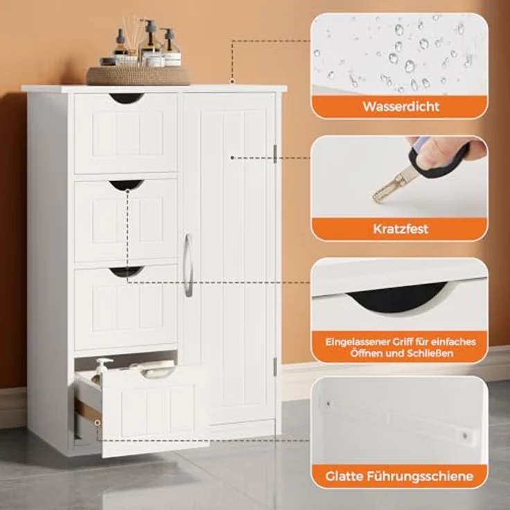 Sweetcrispy Badezimmerschrank 24 Inches Hoch Modern, mit 4 Schubladen & 1 Tür, Hochglanz Weiß mit Einboden & Großem Stauraum, Schmale Badkommode, Badezimmer Kommode – Bild 9