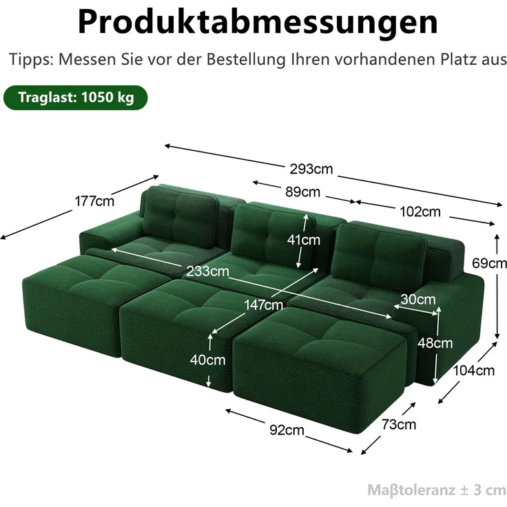 EINHOM Rahmenlose Sofas, weicher Cordstoff, modulares Ecksofa mit Schlaffunktion und 3 Hockern, 3-Sitzer-Sofas, bequemes Sofa für das Wohnzimmer, Grün – Bild 2