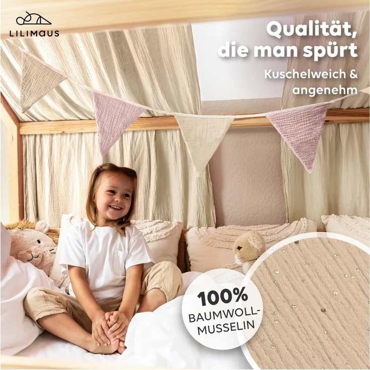 lilimaus Betthimmel Hausbett Himmel Gold aus Musselin - 2er-Set für Kinderbett (1-tlg), 2 Stoffbahnen mit feinen Goldapplikationen - schnell montiert – Bild 2