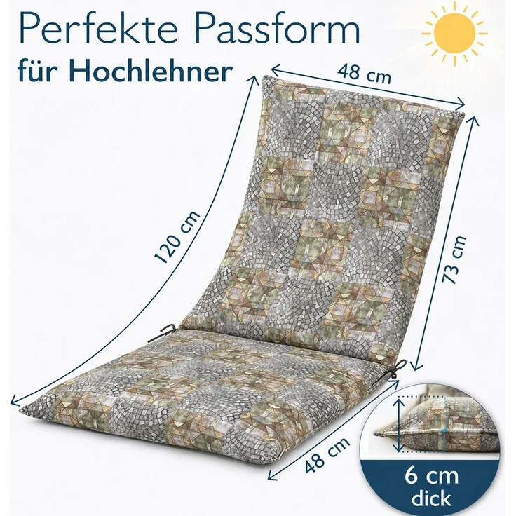 6x Auflage Hochlehner für Gartenstuhl 120x48cm Sesselauflage Hochlehner Polster in Grau Mosaik Muster mit dicker 7cm Schaumstoff Füllung – Bild 2
