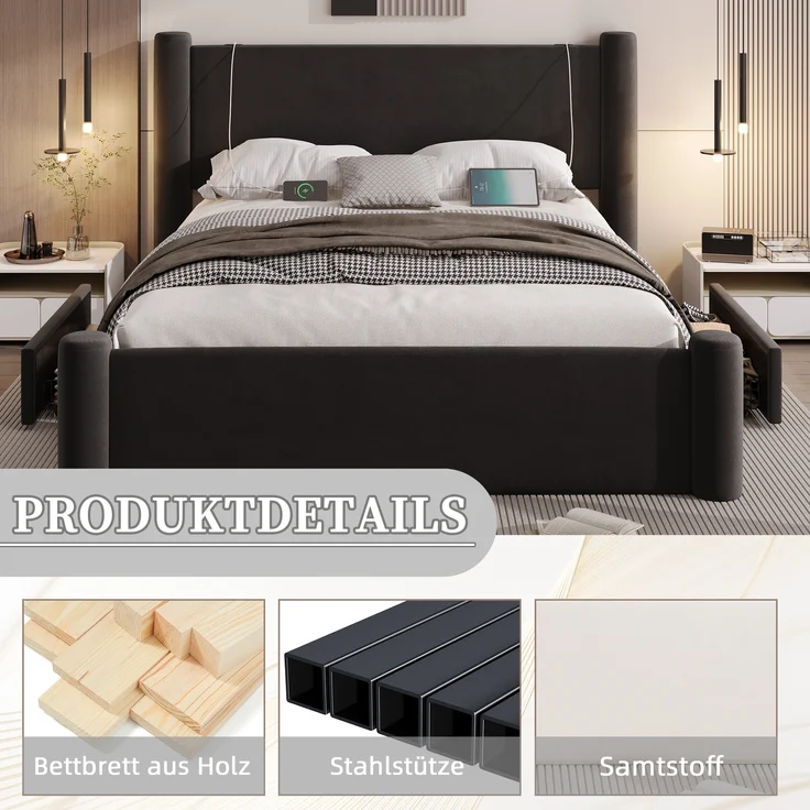 LVHOM Polsterbett 140x200cm Bettgestell, Doppelbett/Stauraumbett/Funktionsbett, Samt, dick gepolstertem Kopfteil, 2 praktischen Stauraumschubladen, integrierten USB-Anschlüssen – Bild 4