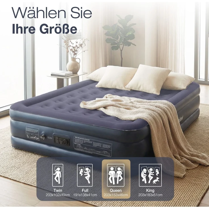 Sekey Luftbett mit integrierter Luftpumpe, Luftmatratze selbstaufblasend 2 Personen, 203 x 152 x 46 cm, blau / blau – Bild 4