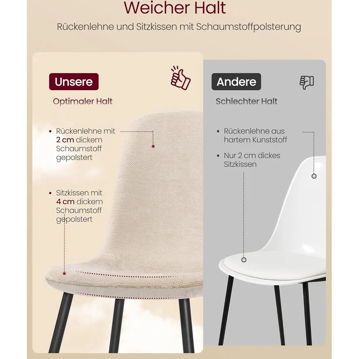 VASAGLE Esszimmerstuhl 4er Set, Küchenstuhl, Polsterstuhl, Metallbeine, verstellbare Füße, pflegeleicht, Chenille-Gewebe, PU mit von Gletschern inspiriertem Muster, von SONGMICS, cremeweiß KDCDE188W01 – Bild 6