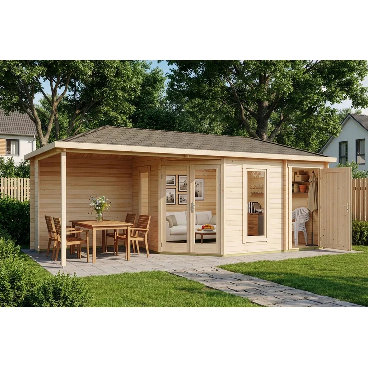 Alpholz 5-Eck Gartenhaus Liwa mit Anbau Gartenhaus aus Holz Holzhaus mit 28 mm Wandstärke inklusive Terrasse Blockbohlenhaus mit Montagematerial – Bild 2