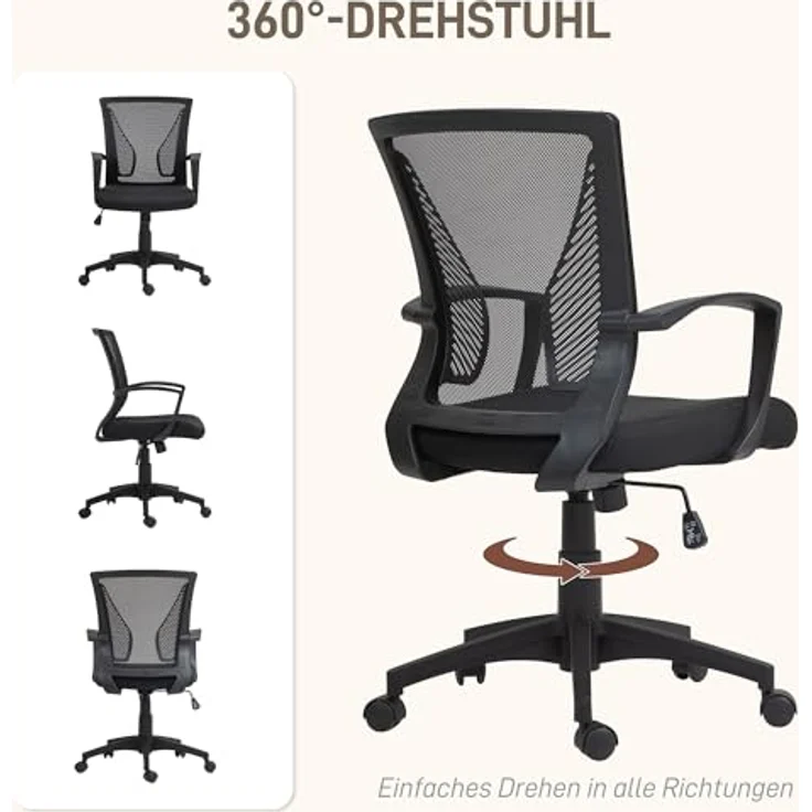 HOMCOM Ergonomischer Bürostuhl, Schwarz, Drehstuhl mit verstellbarer Rückenlehne und atmungsaktivem Netzrücken, 62x102x60 cm – Bild 6