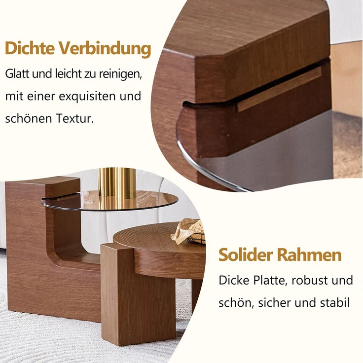 DESVIAE Couchtisch-Set 2-tlg. mit Sicherheitsglas Ø61x30 cm, MDF in Nussbaumoptik, braun – Bild 5