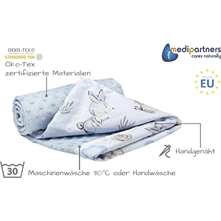 Medi Partners Babydecke Baby Decke Neugeborenen - Kuscheldecke Geschenk Babydecken 75x100cm für Kleinkinder Mädchen Krabbeldecke Kinderbett Kinderwagen 100% Baumwolle (REH und Igel mit blauem Minky) – Bild 3