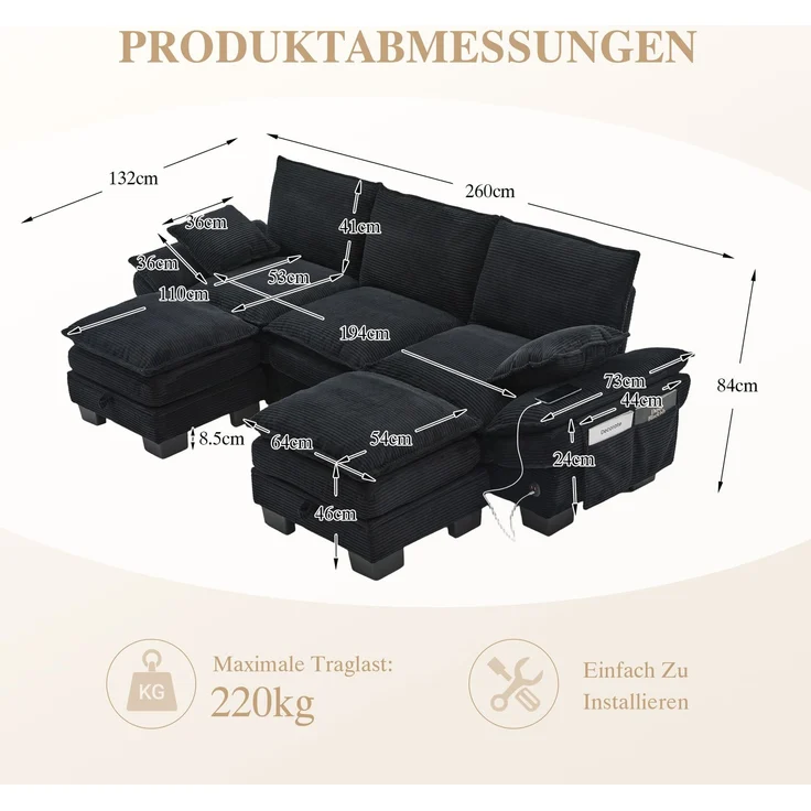 EINHOM Modulares 3-Sitzer Cordsofa (mit 2Hocker) – breite Sitzfläche, ergonomisches Design, hochdichte Schaumstoffpolsterung, USB-C-Anschluss und Seitentaschen. Ideal für Wohnzimmer, Büro oder Lounge. Schwarz – Bild 2