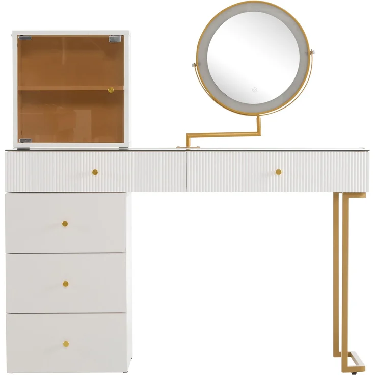 Schminktisch mit LED-Spiegel & flexiblen Regalen, weiß & gold modern Make-up Tisch,ohne Hocker – Bild 7