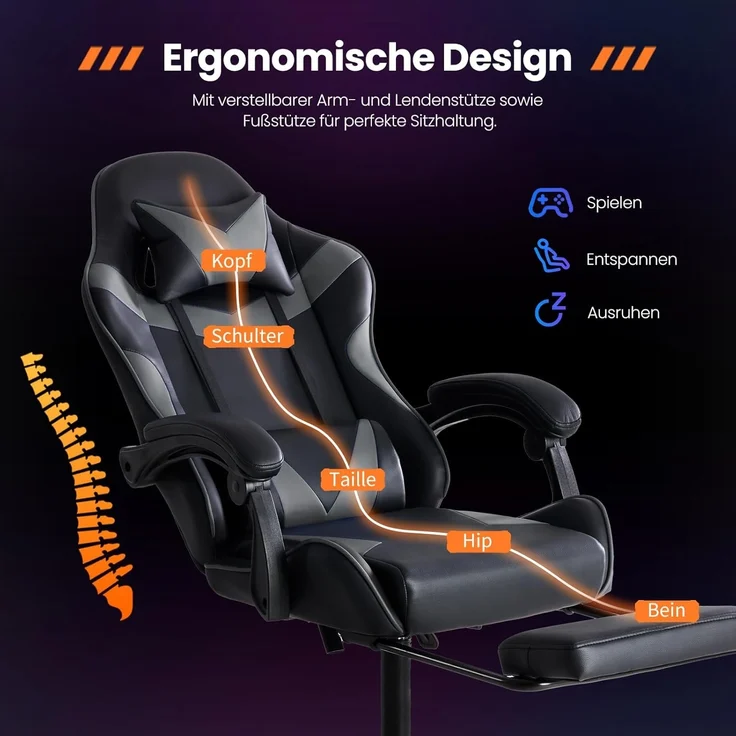 Sweetcrispy Gaming Stuhl, Gaming Chair mit Fußstütze Kopfstütze Lendenwirbelstütze, Ergonomischer PC Stuhl, Höhenverstellbarer Bürostuhl Computerstuhl, Gamer Stuhl, Drehbarer Schreibtischstuhl, Grau – Bild 6