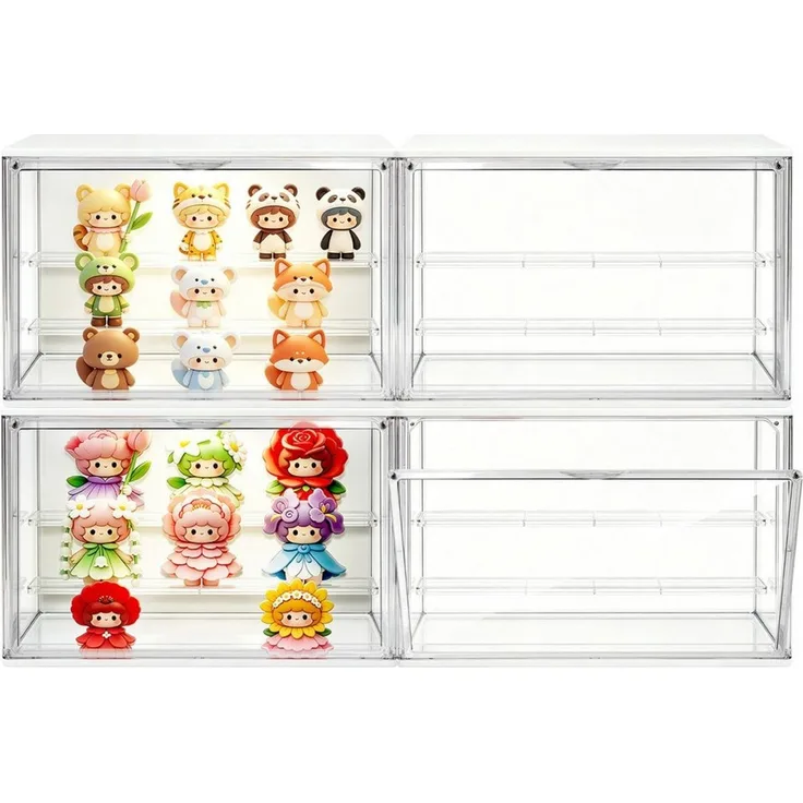 XERSEK Aufbewahrungsbox 3 Ebenen LED Vitrine Displaybox mit Steckboden & Magnettür Organizer (Set, 4 St, 36×22×18cm Stapelfähig), für Figuren/Spielzeug/Blind Box/Modellautos/Sammelfiguren