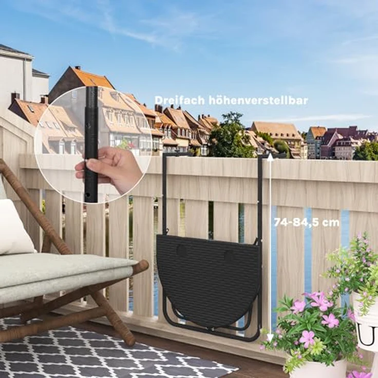 WOLTU Balkonhängetisch, Balkontisch zum Hängen, Hängetisch klappbar Beistelltisch Gartentisch, Klapptisch mit 3 Höhen, 2 Tassenhalterungen, in Rattan-Optik, 59,5x39 cm Schwarz – Bild 9