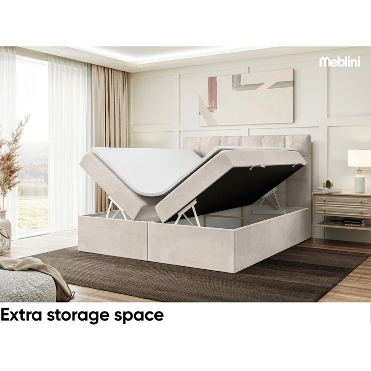 MEBLINI Boxspringbett KAI 160x200cm - H3/Beige Samt - mit Bettkasten - Gepolstert Doppelbett mit Matratze und Topper - Polsterbett mit Stauraum - Bett mit Kopfteil – Bild 5
