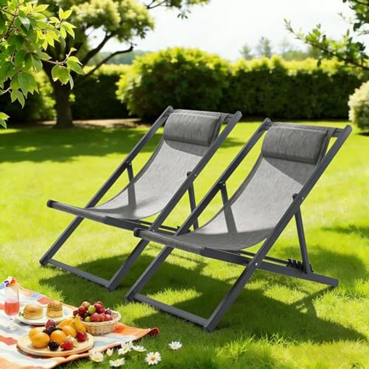 Mondeer Sonnenliege 2er Set, klappbarer Liegestuhl mit Kopfstütze und Verstellbarer Rückenlehne für Garten Pool Terrasse, Belastbarkeit 130kg, W104 x D58 x H95cm, Schwarz und Grau – Bild 6