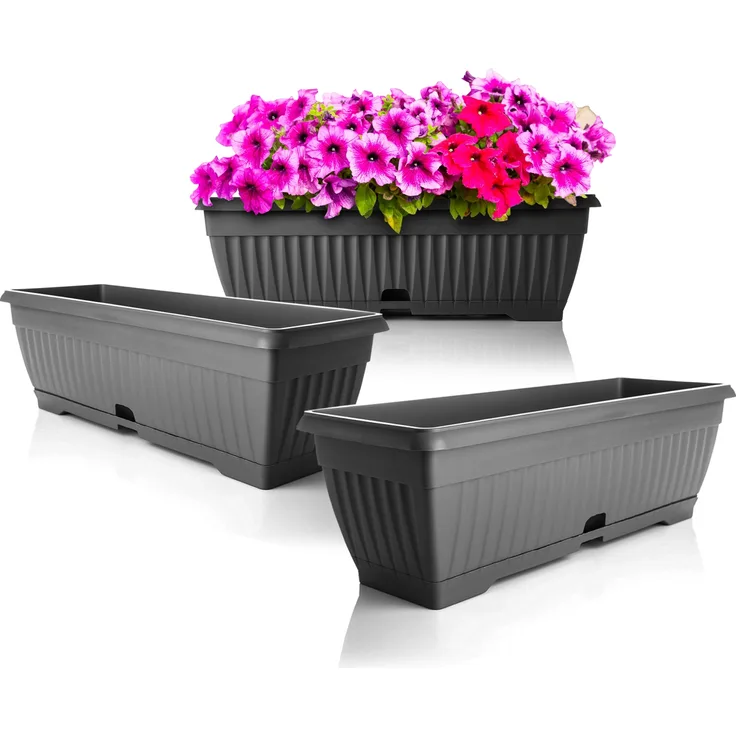 BigDean 3x Blumenkasten Balkon mit Untersetzer - Anthrazit 50 cm Balkonkasten Pflanzkasten Blumenkasten mit Wasserspeicher für Innen- & Außenbereich geeignet - Made in Europe