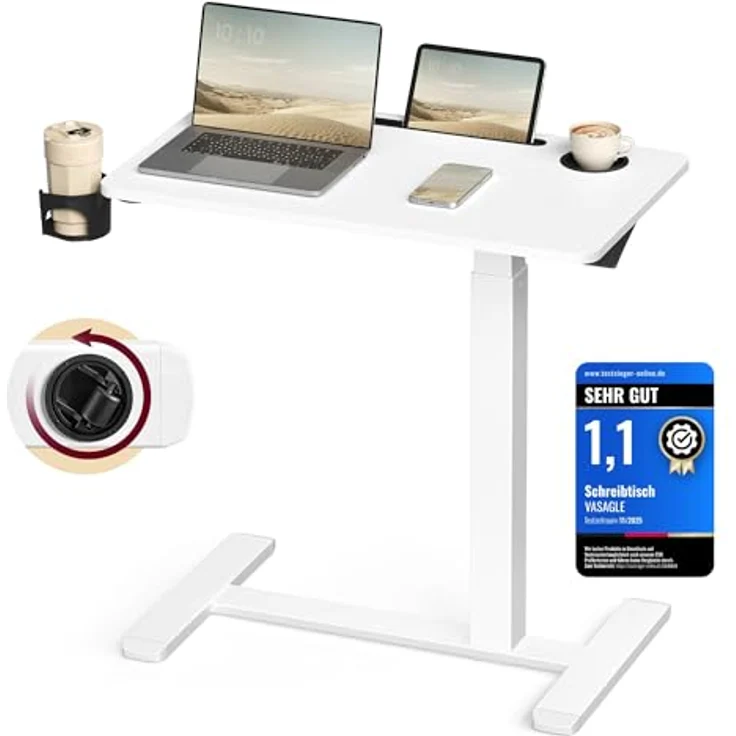 VASAGLE Beistelltisch mit Rollen, mobiler Stehtisch, 70 x 40 cm große Tischplatte, verstellbare Höhe, 2 Getränkehalter, Schlitz für Handy oder Tablet, wolkenweiß – Bild 2