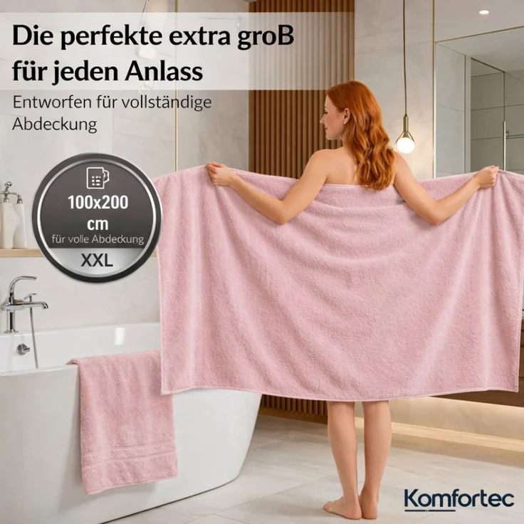 Komfortec Badetuch 100x200 cm aus 100% Baumwolle, XXL Saunatuch, Großes Duschtuch, Weich & Saugstark, Rosa – Bild 2