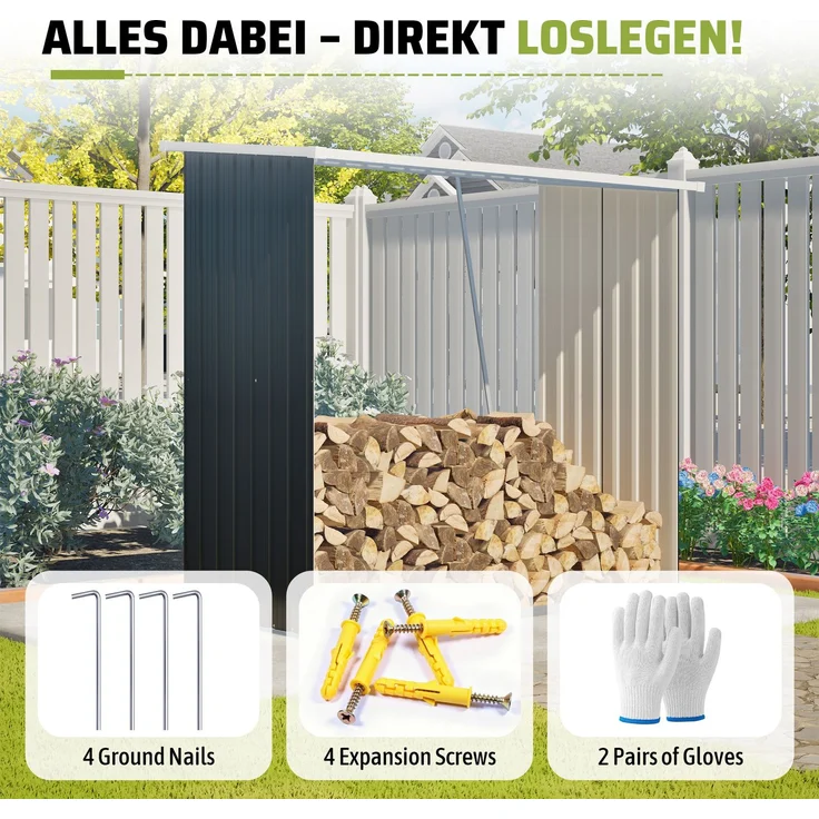 ZUBALIYA wetterfest / Brennholzunterstand aus verzinktem Stahl, mit 4 Expansionsschrauben und 2 Paar Handschuhe, Schwarz – Bild 4