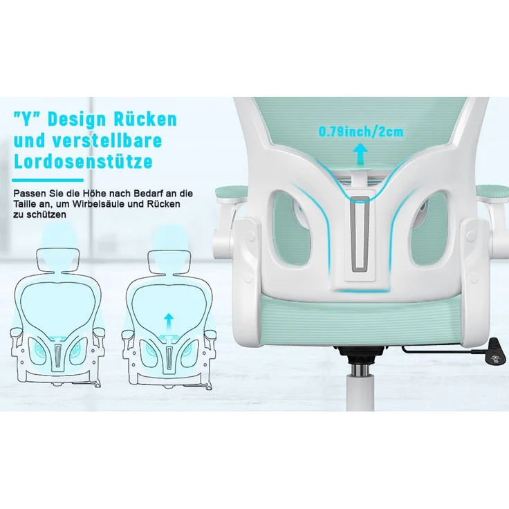 Botifly Ergonomischer Bürostuhl mit Kopfstütze, Mesh-Gewebe, Mintgrün, 90°-120° Wippfunktion, 10 cm Höhenverstellbar, 52 x 26 x 57 cm – Bild 7