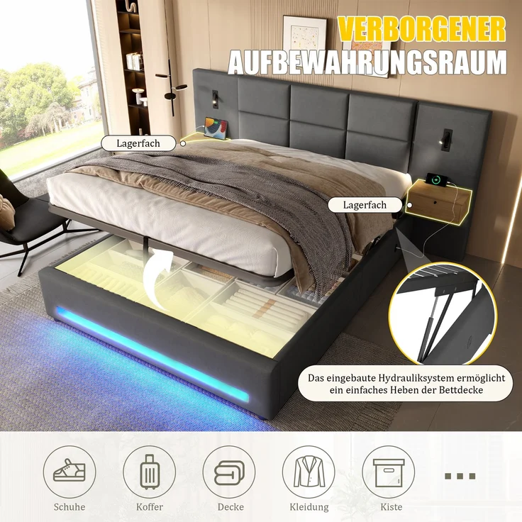 Abrihome Europäisches Polsterbett mit Samtkopfteil, LED, USB-C, Stauraum, Grau, 180x200 cm – Bild 7