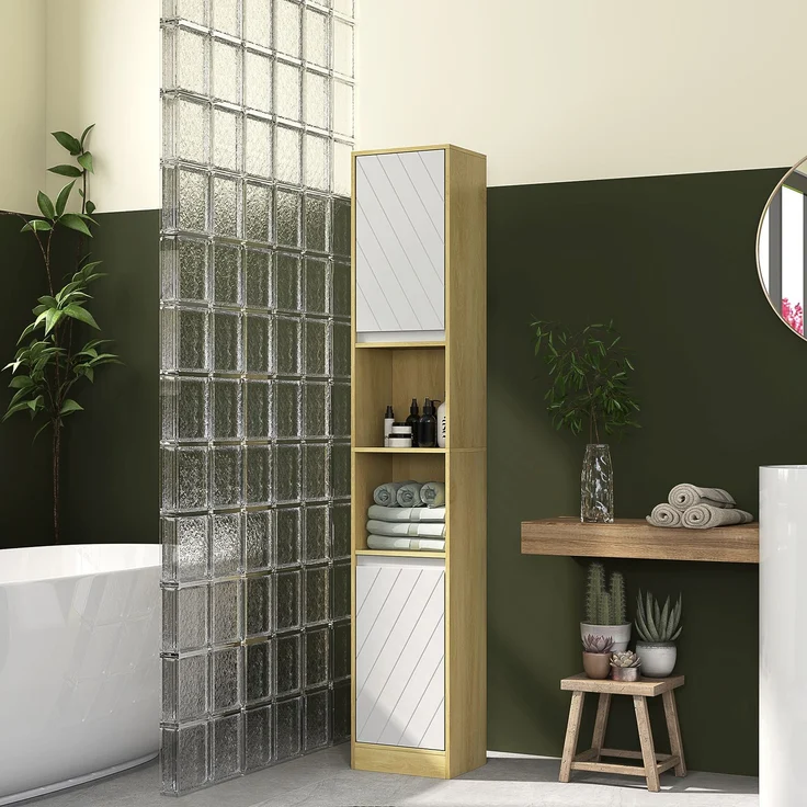 Gemütlicher Bad-Hochschrank 30 x 24 x 170 cm, 2 Türen, 1 Regal, 2 Nischen, Eiche hell, weiß – Bild 3