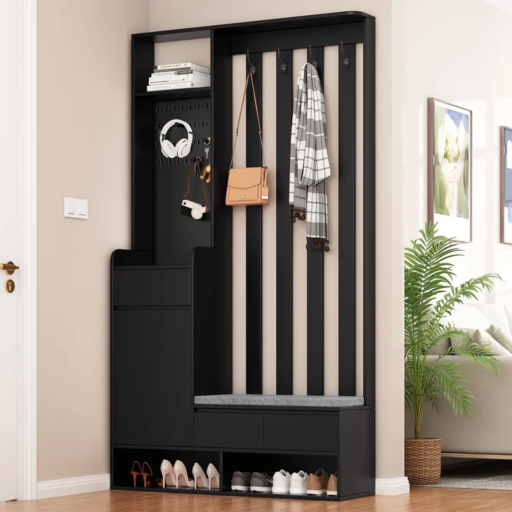 Merax 180cm Flurgarderobe, mit gepolsterter Aufbewahrungsbank, multifunktionaler Flur-Schuhschrank mit Stecktafel, moderne Garderobe mit 4 Haken, Schwarz – Bild 1