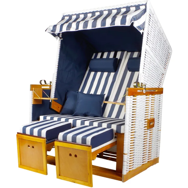 BRAST 'Nordsee XXL' Strandkorb Volllieger, 2 Sitzer, inkl. Schutzhülle, Poly-Rattan, Blau Weiß gestreift, 150 x 120 x 73 (HxBxT)