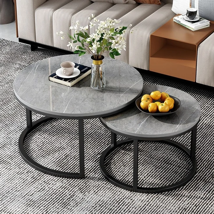 FATIVO 2er Couchtisch Set Rund Wohnzimmertisch aus Sinterstein Beistelltisch Sofatisch Metall 80x80x45cm Grau – Bild 8
