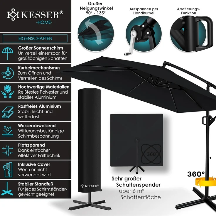 KESSER® 'Holly' Ampelschirm ohne LED Solar, inkl. Ständer, Abdeckung & Windsicherung mit Kurbel, Aluminium schwarz, Ø 350 cm – Bild 2