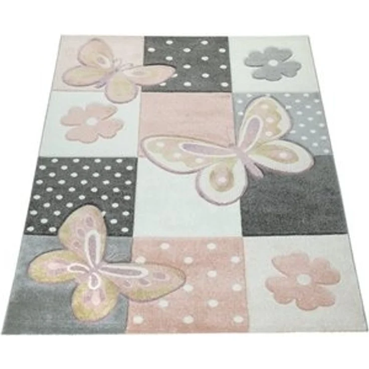 Paco Home Kinderteppich Cosmo 220, rechteckig, Höhe: 12 mm, 3D-Design, Patchwork Muster, niedliches Motiv Schmetterlinge & Punkte – Bild 6