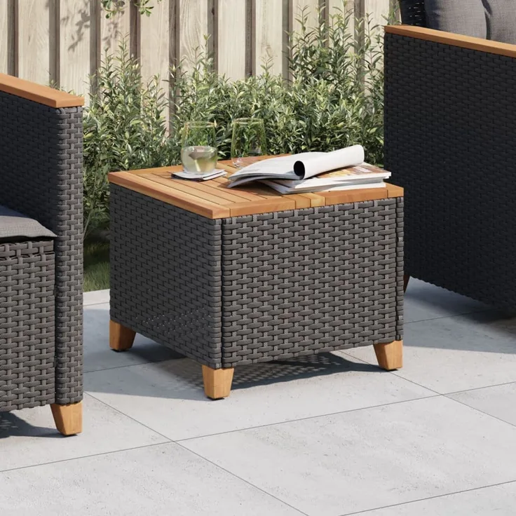 Gartentisch, Beistelltisch, Balkontisch Schwarz 45x45x37 cm Poly Rattan Akazienholz