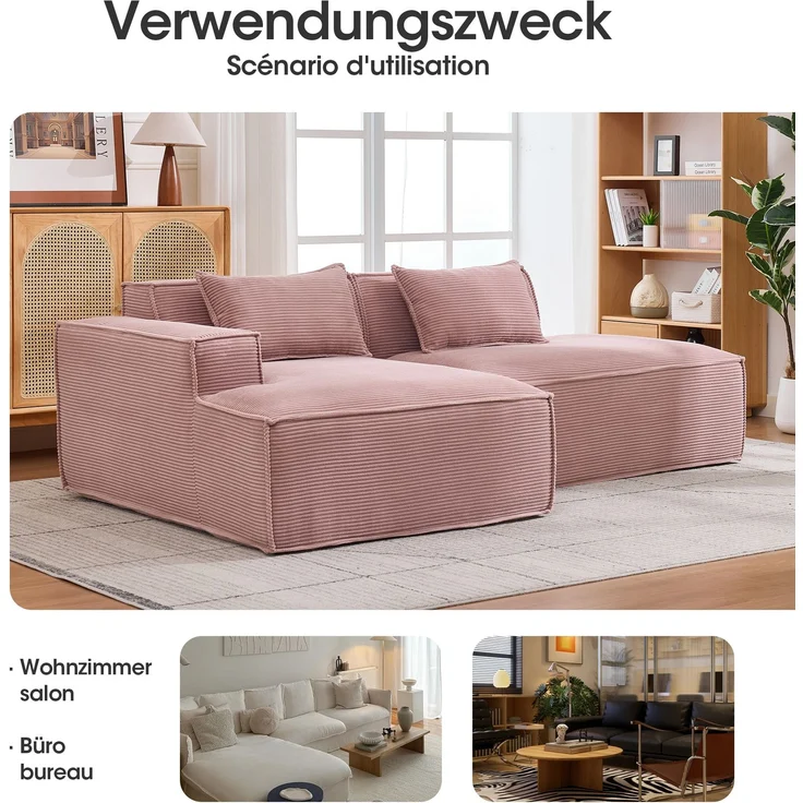LVHOM Ecksofa 2 Sitzer, Modulares Sofa 235 cm breit, L-Form Sofa mit 2 Kissen, Schlafsofa aus Cordstoff, kein Aufbau erforderlich, Rosa – Bild 7