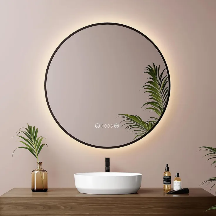 EMKE LED Badspiegel ф60cm Schwarzer Rand, Beschlagfrei, Uhr, Temperatur, Dimmbar, Memory-Funktion Neutrales Licht Wandspiegel