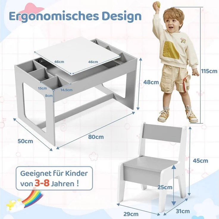 TLGREEN Kindertisch mit 2 Stühlen, Kindersitzgruppe (Kinder Tisch Stuhl Set mit wendbarer Tischplatte, 80 x 48 x 48 cm), Kinderschreibtisch für Schule, Kindertagesstätte, Kinderzimmer – Bild 3